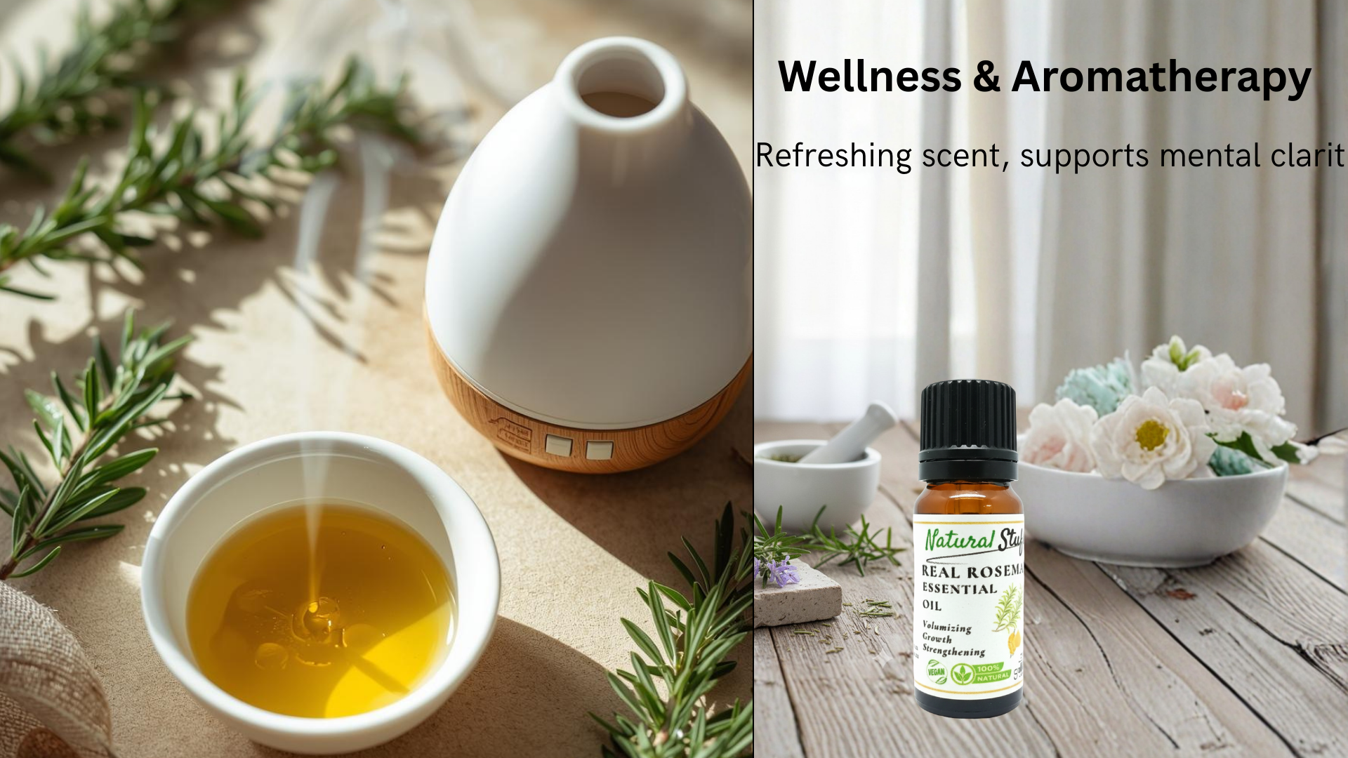 Wellness and aromatherapy products including a diffuser, essential oil bottle, and herbs on a wooden surface.