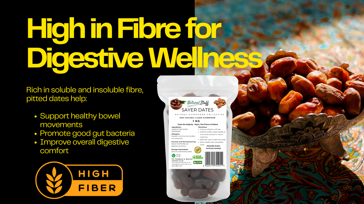 Saver Dates packaging with text highlighting fiber benefits on a dark background