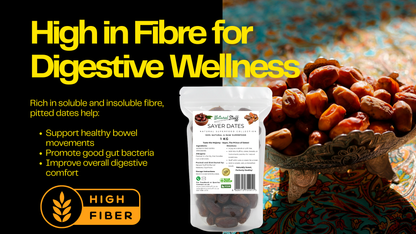 Saver Dates packaging with text highlighting fiber benefits on a dark background
