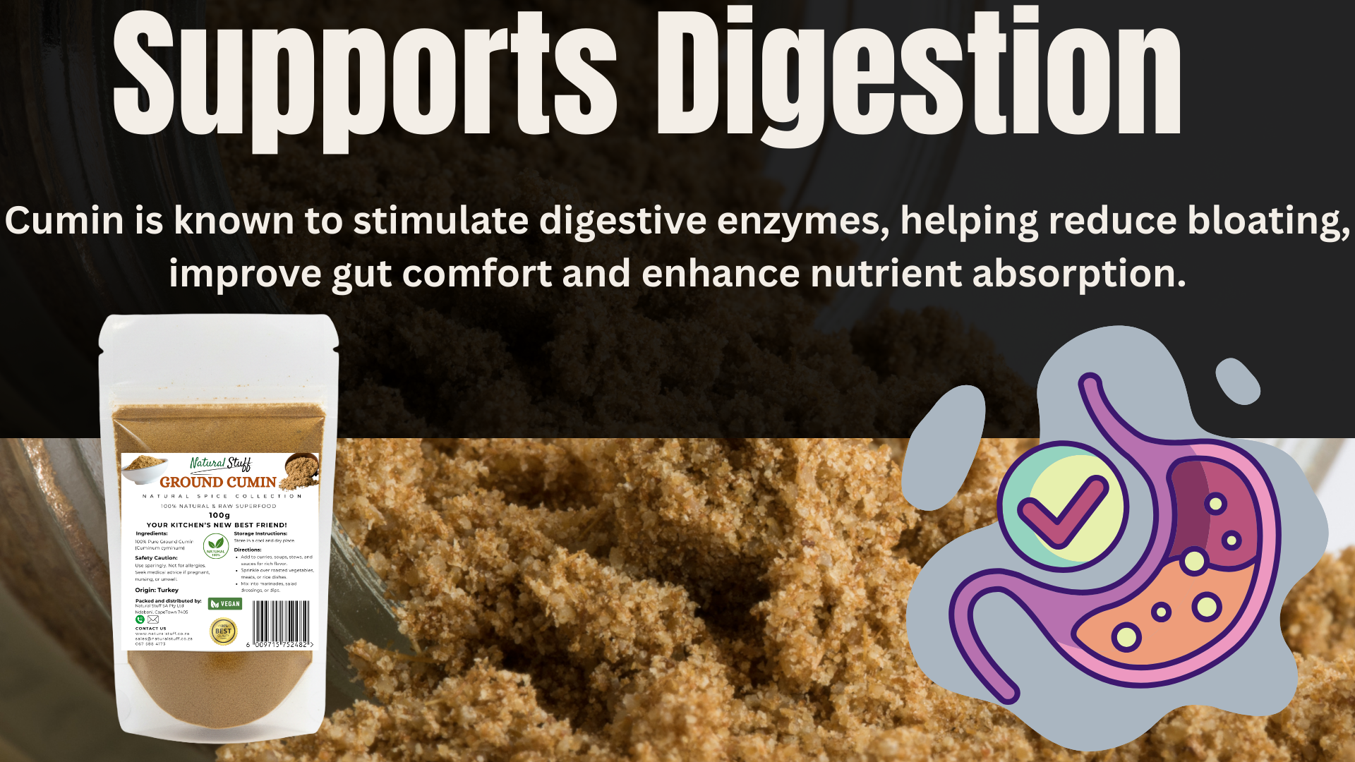 Cumin product with digestive benefits text and icon on a dark background