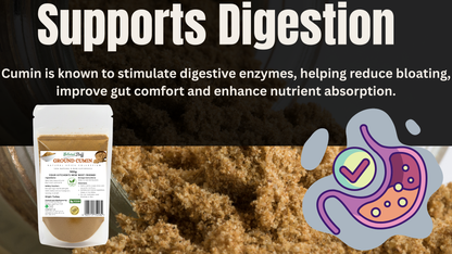 Cumin product with digestive benefits text and icon on a dark background