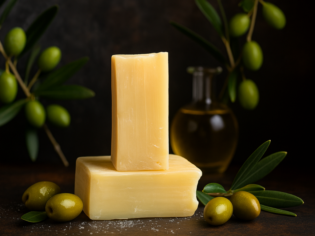 Two bars of soap with olive branches and olives on a dark background