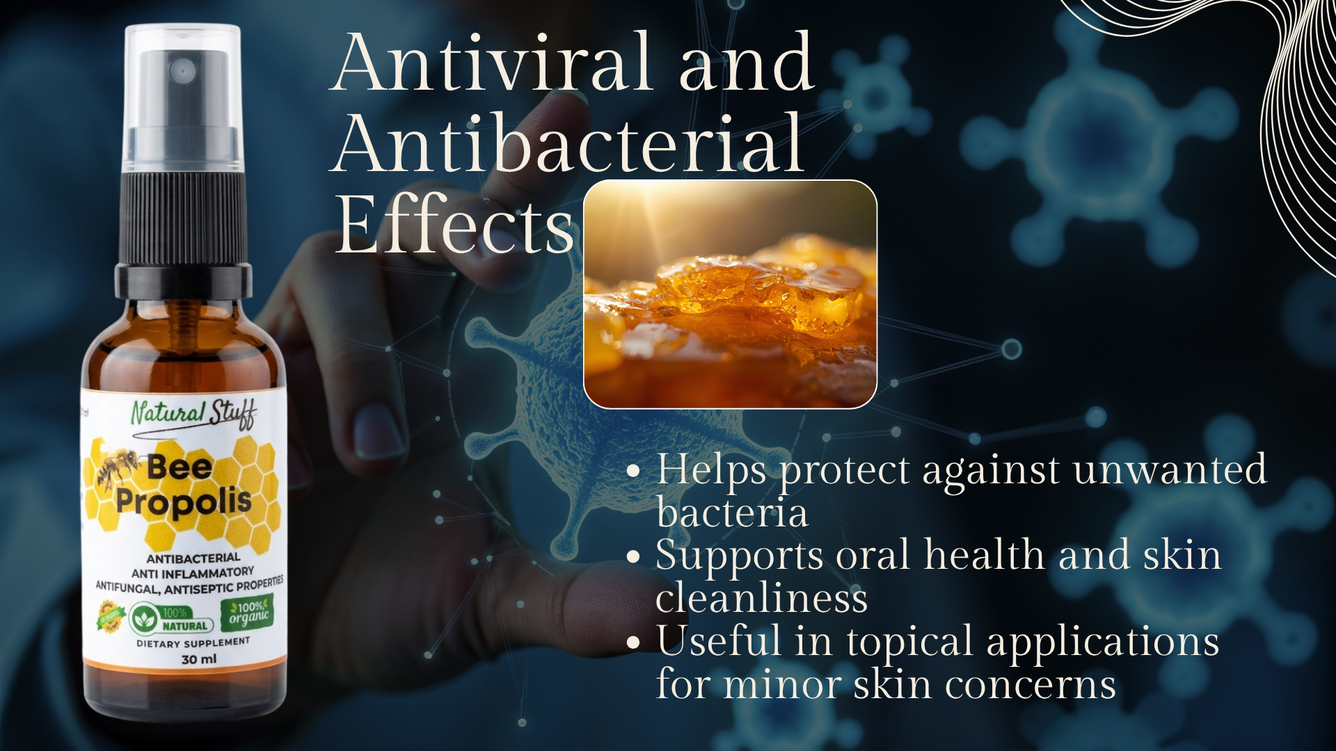 Bee Propolis spray bottle with text about antiviral and antibacterial effects on a dark background with virus illustrations.