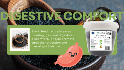 Black seed product with promotional text about digestive comfort and benefits.