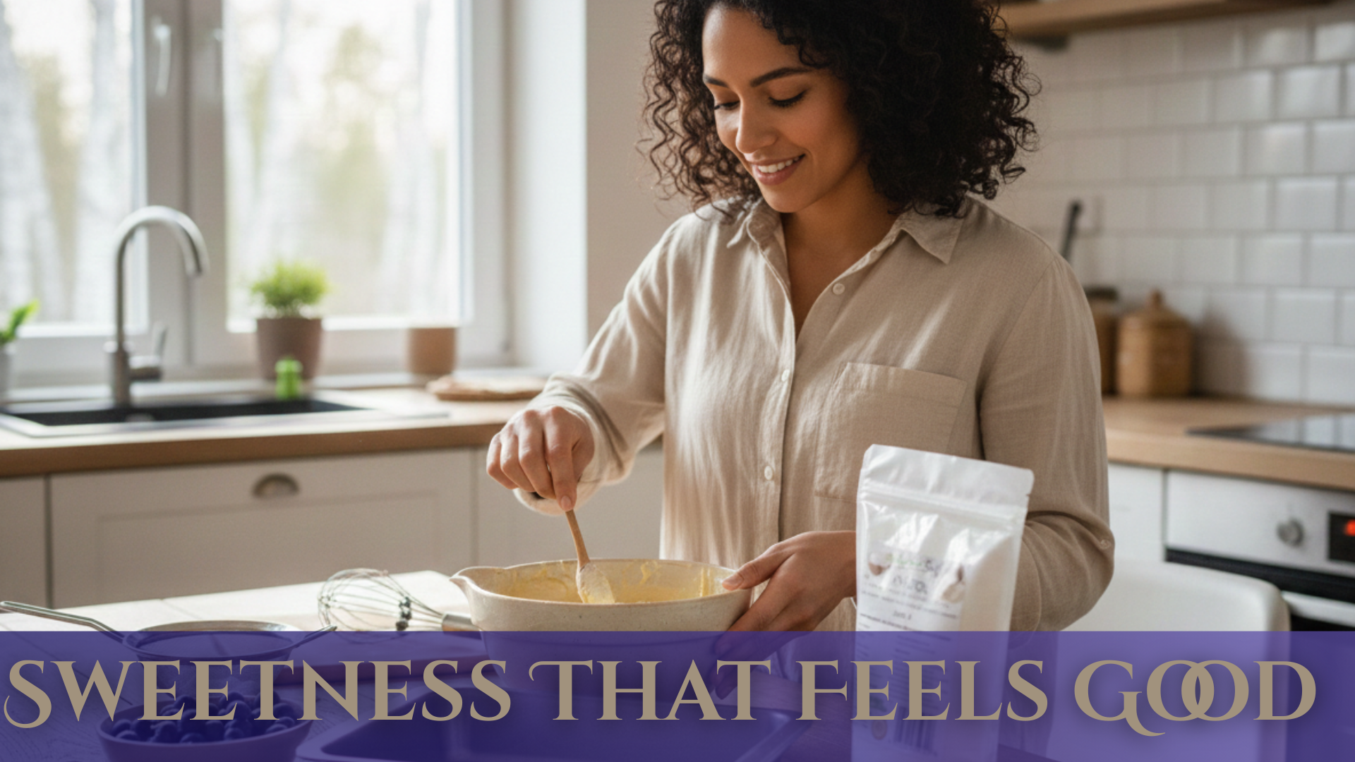 Woman baking in a kitchen with text 'Sweetness That Feels Good' displayed.