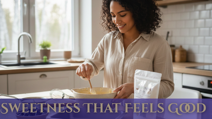 Woman baking in a kitchen with text 'Sweetness That Feels Good' displayed.