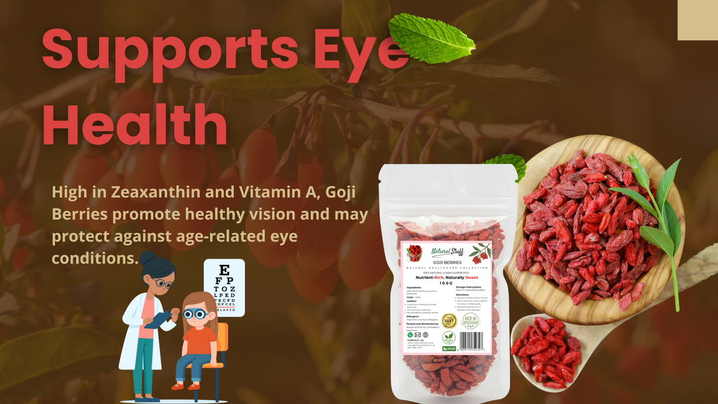Goji berries and a supplement package with text about eye health and benefits.