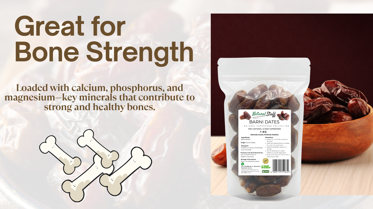 Bag of Barn & Field Barn Dates with text about bone strength and mineral content.