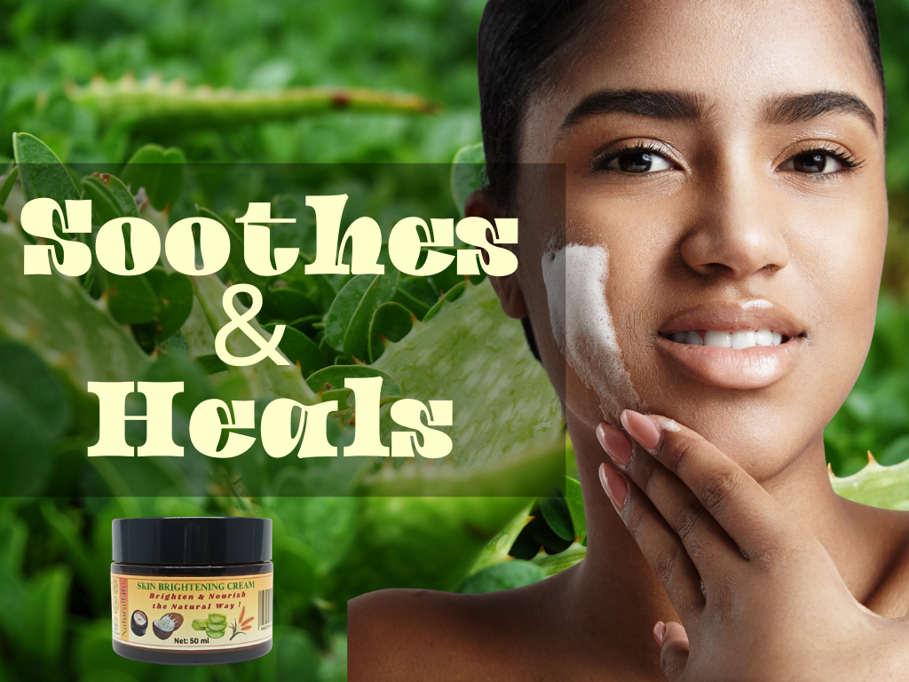 Woman applying aloe vera to her face with text 'Soothes & Heals' and an aloe vera plant in the background.