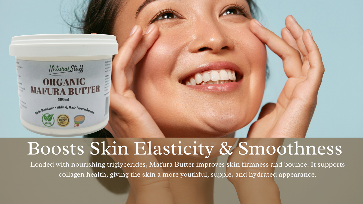 Woman applying organic mafura butter to her face with a product container displayed.