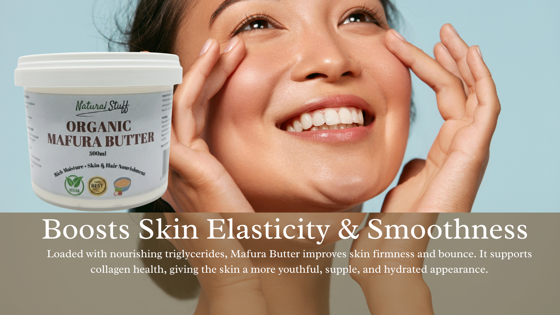 Woman applying organic mafura butter to her face with a product container displayed.