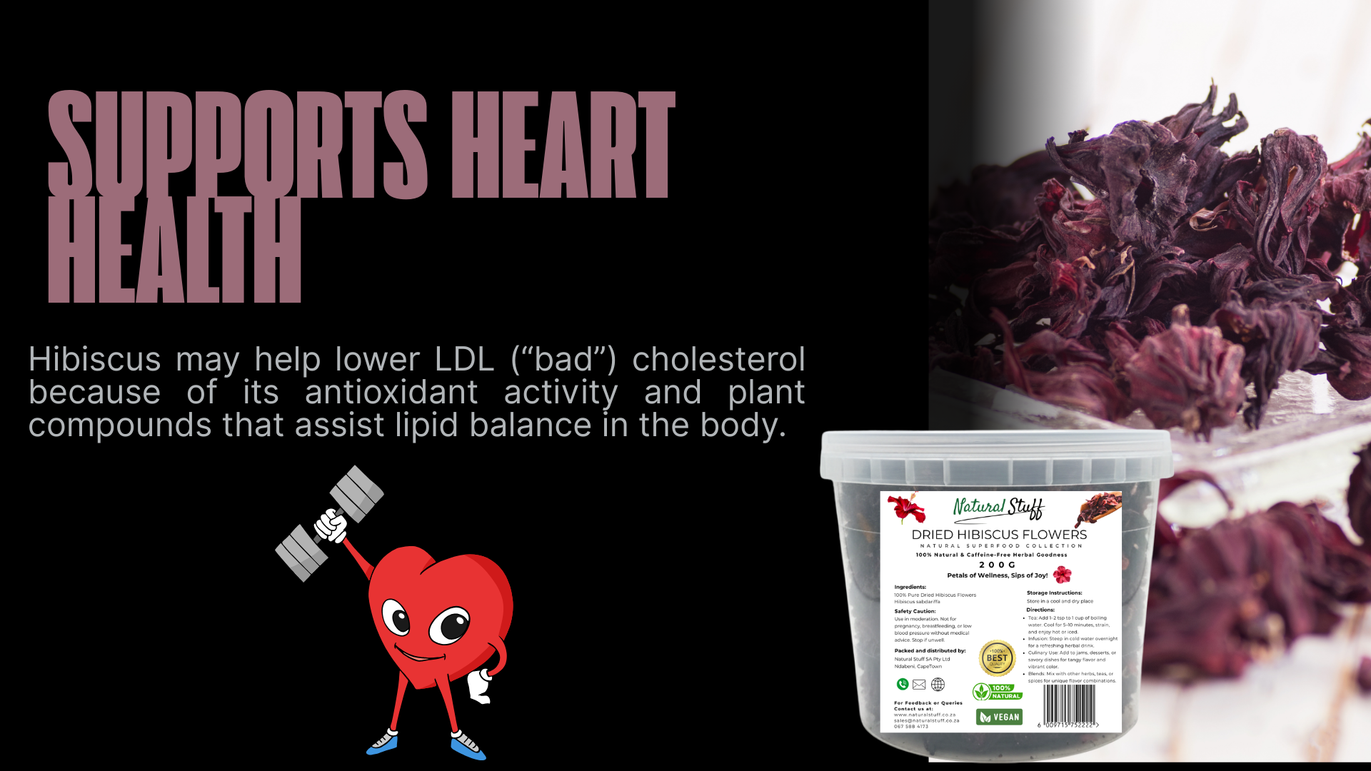 Hibiscus product with text about heart health benefits on a black background