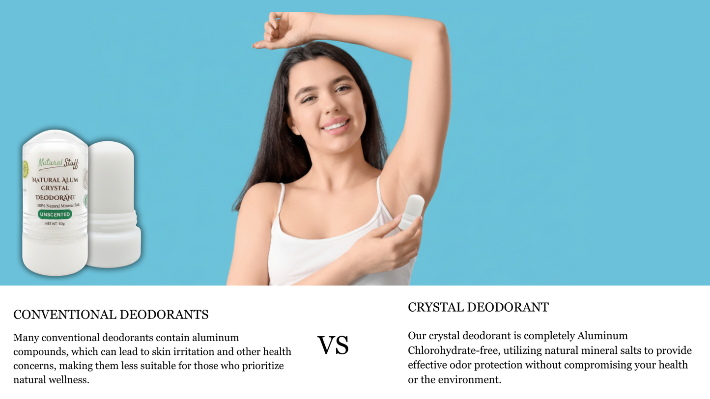 Woman holding crystal deodorant against a blue background with text about conventional vs. crystal deodorants.