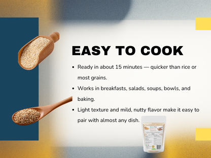 Promotional graphic for a quick-cooking grain with text and wooden spoons.