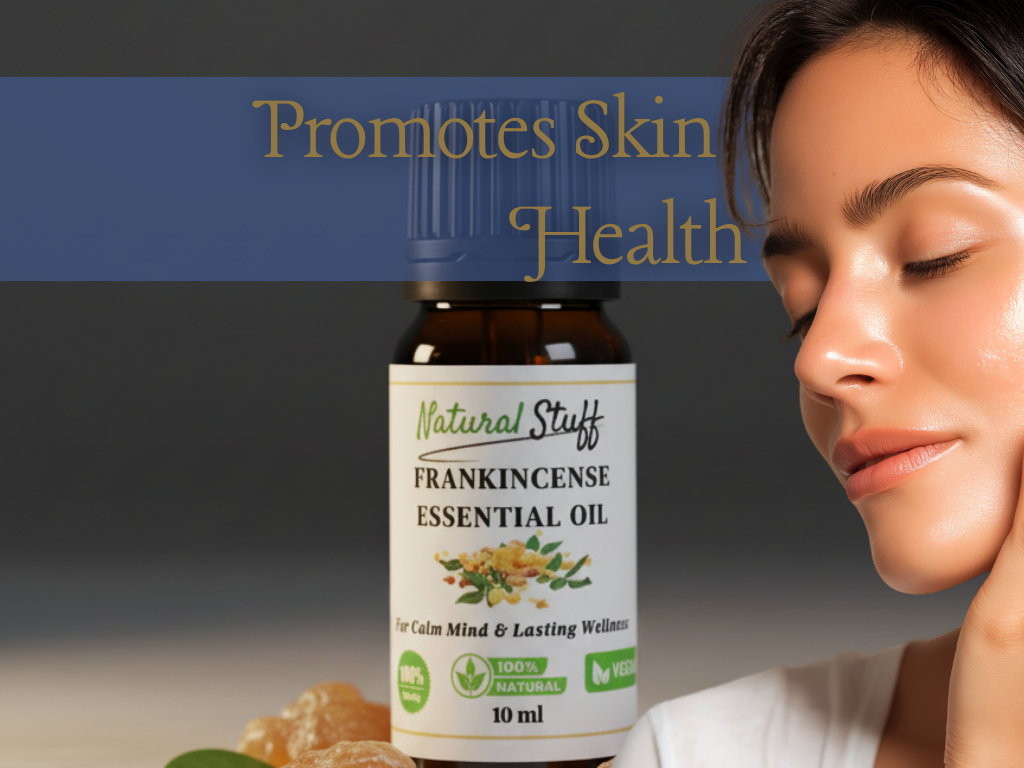 Frankincense essential oil bottle with a woman touching her face, promoting skin health.