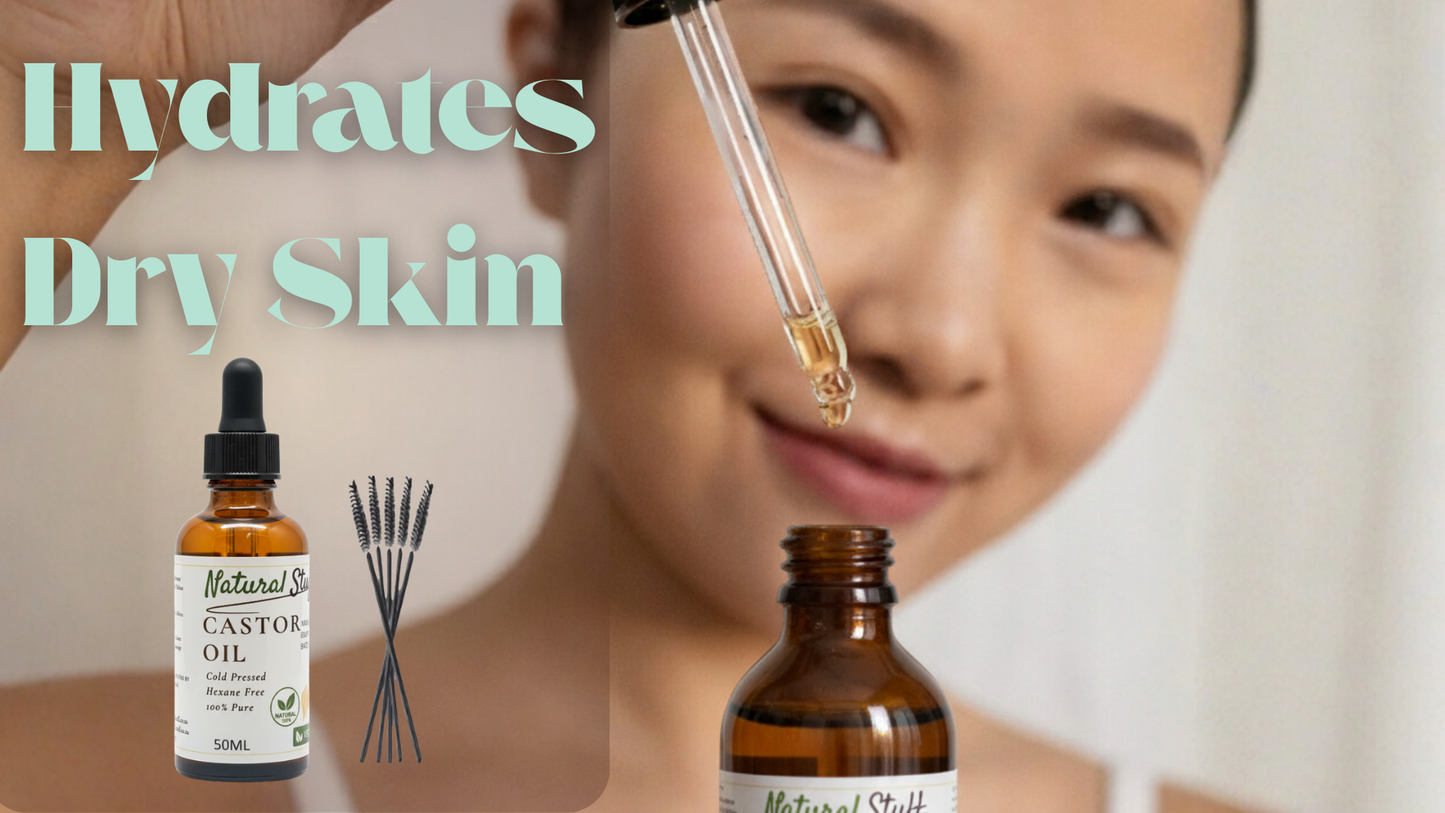 Woman applying dropper of oil to face with castor oil product and text 'Hydrates Dry Skin' on a beige background.