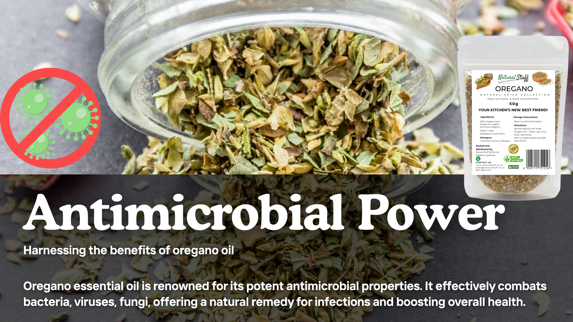 Dried oregano in a jar with packaging labeled 'Oregano' and text about antimicrobial properties.