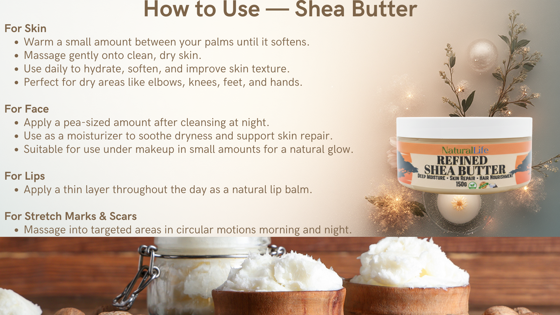 Shea butter jar with usage instructions on a wooden surface