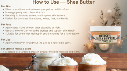 Shea butter jar with usage instructions on a wooden surface