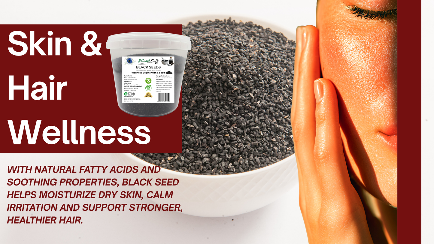 Black seed in a bowl with text about skin and hair wellness.