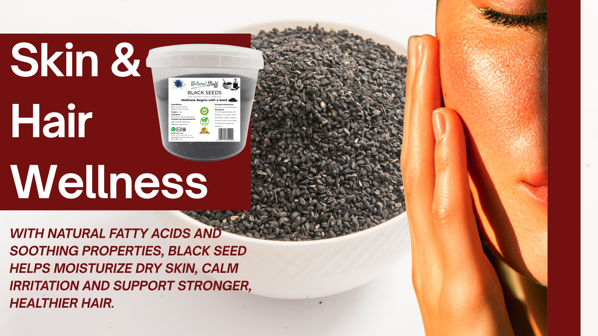 Black seed in a bowl with text about skin and hair wellness.