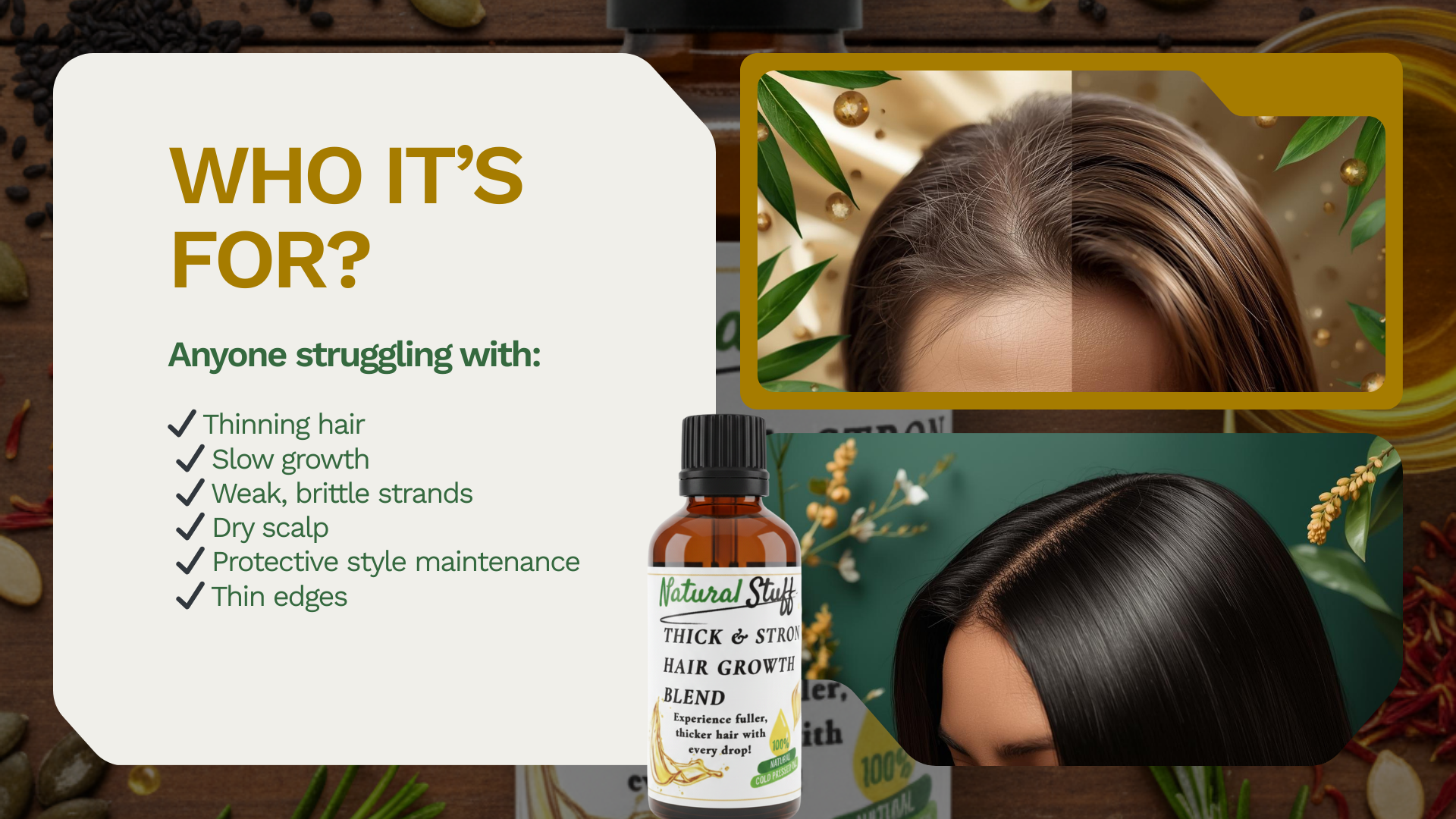 Hair growth product with text on who it's for, featuring a bottle and packaging.