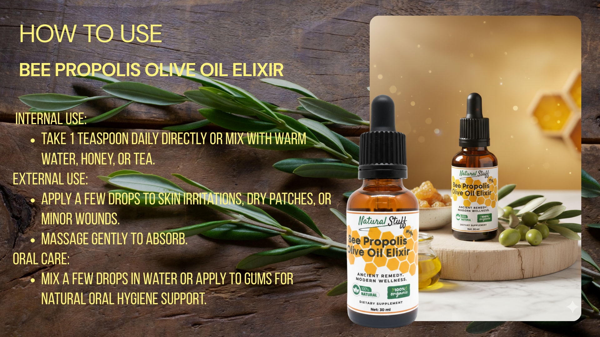 Bee Propolis Olive Oil Elixir with usage instructions and product display on a wooden background