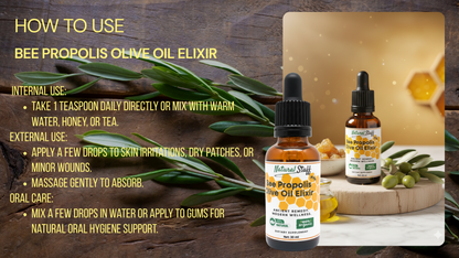 Bee Propolis Olive Oil Elixir with usage instructions and product display on a wooden background