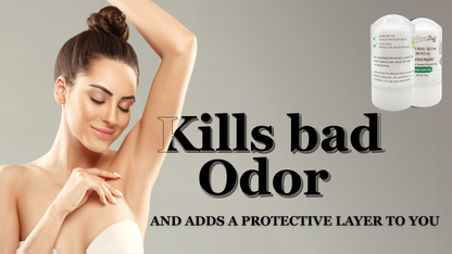 Woman touching her armpit with text about odor control product on a gray background
