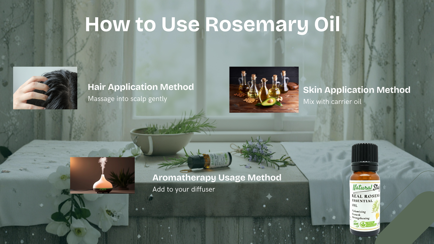 Instructions on how to use rosemary oil with a bottle of essential oil on a table.