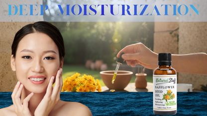 Woman applying oil to face with a bottle of Natural Stuff safflower seed oil in the background.