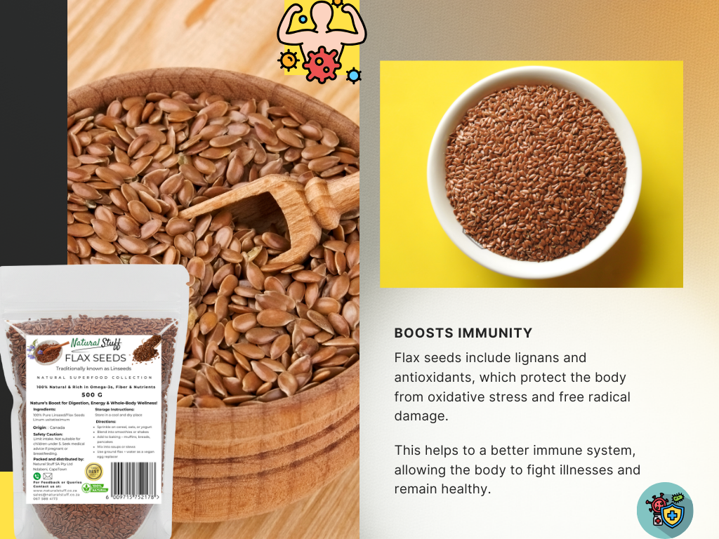 Flax seeds in a wooden bowl, white container, and text about immune system benefits on a yellow background.