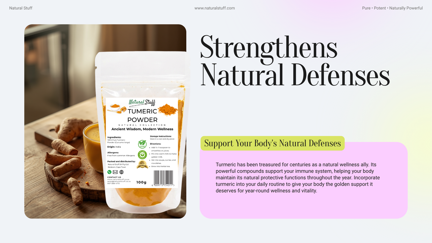 Turmeric powder packaging with text about strengthening natural defenses on a light pink background