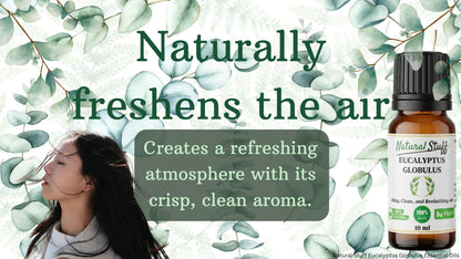 Eucalyptus oil, featuring a woman smelling it and text about its benefits.