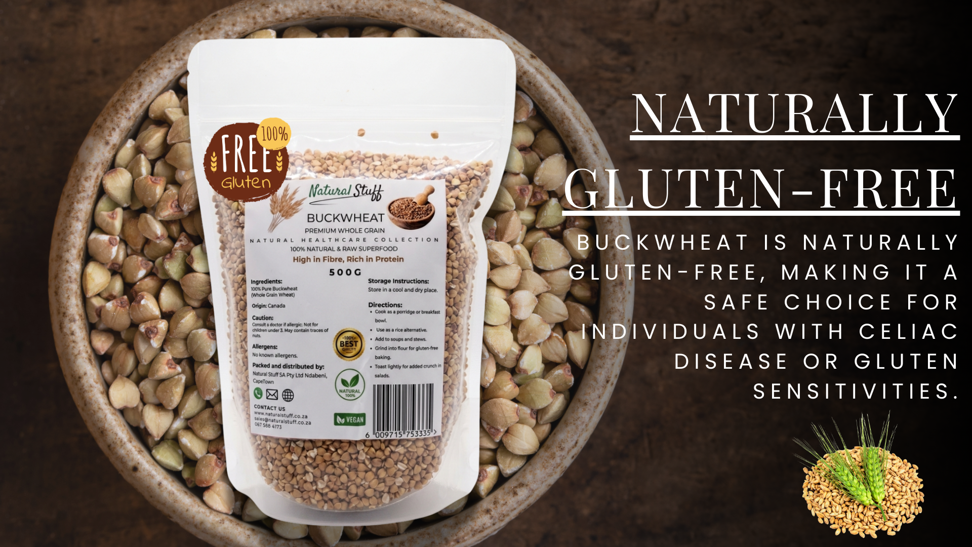 Gluten-free buckwheat package with text about gluten-free benefits