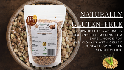 Gluten-free buckwheat package with text about gluten-free benefits