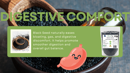 Black seed in a bowl with promotional text about digestive comfort and a cartoon肠道.