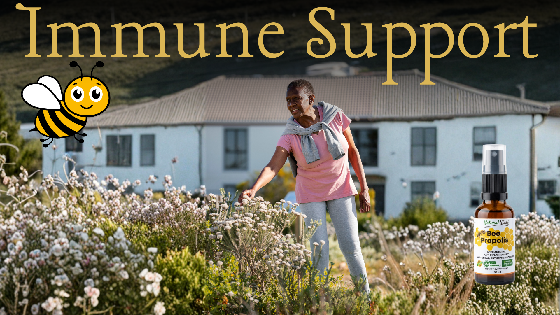 Person walking in a field with 'Immune Support' text and a bee graphic.