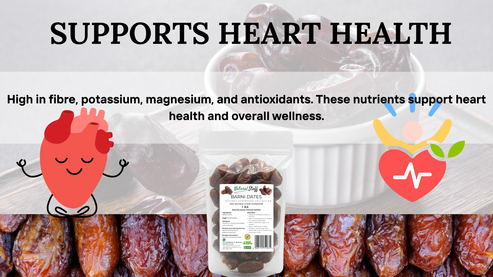 Dried fruits with a focus on heart health benefits and a container labeled 'Natures Path'.