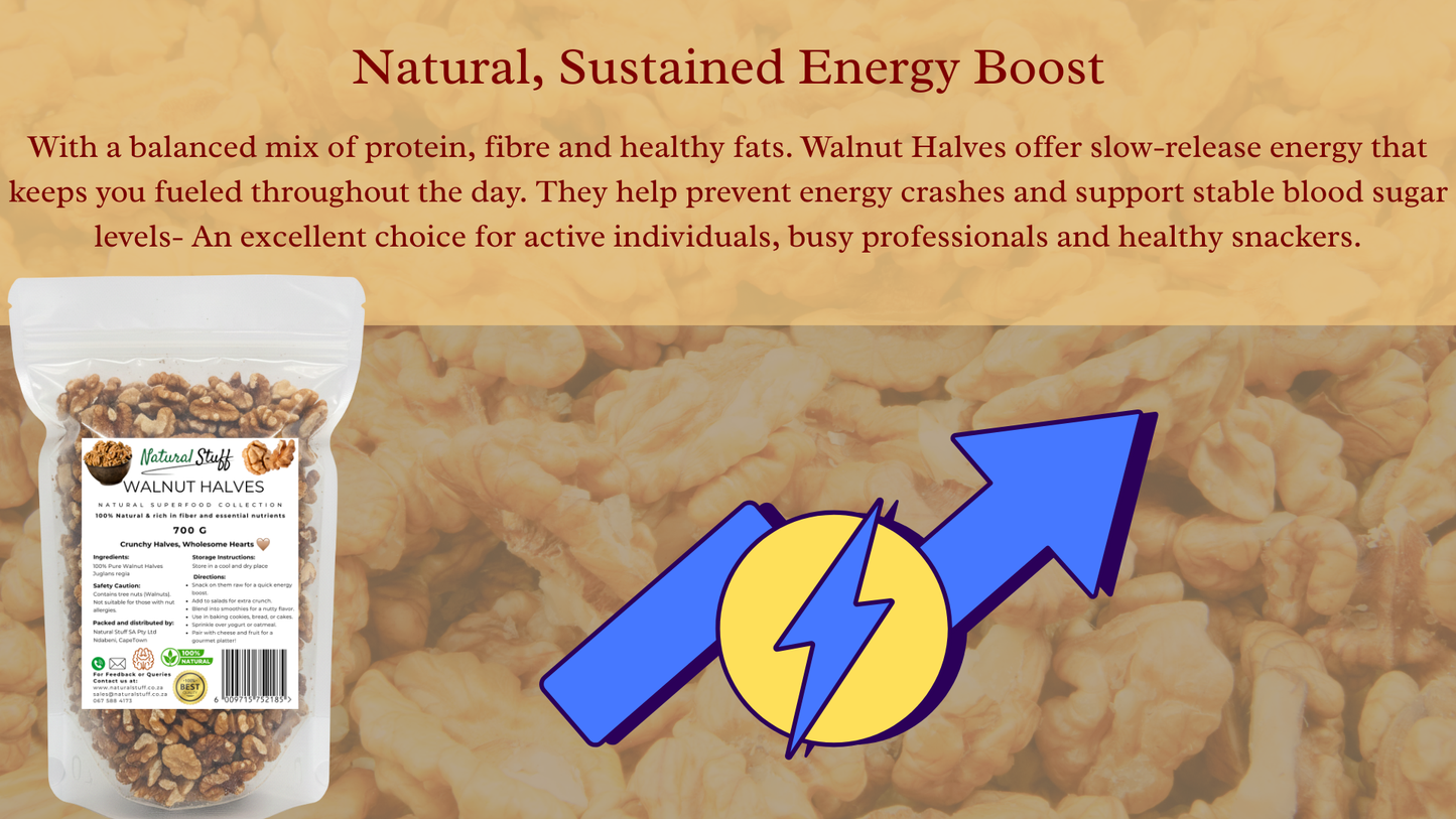 Walnut halves with packaging and energy boost text on a brown background