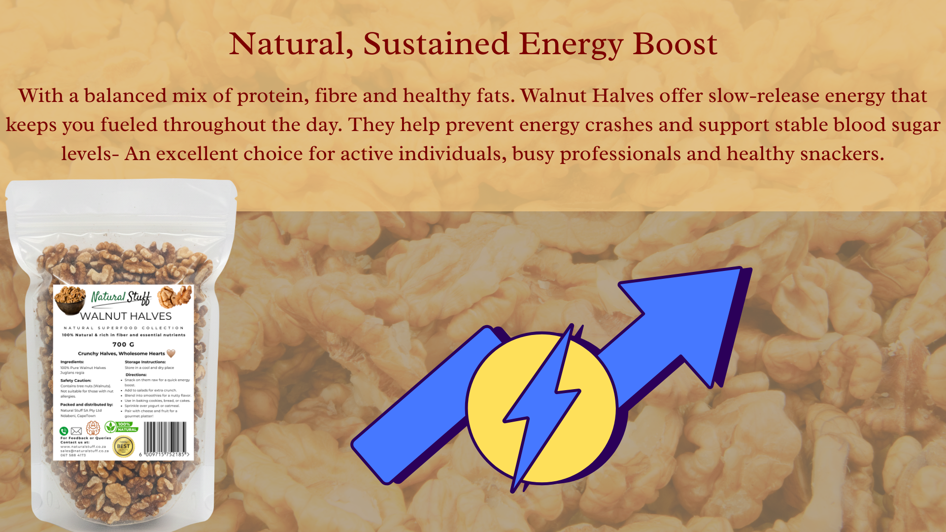 Walnut halves with packaging and energy boost text on a brown background
