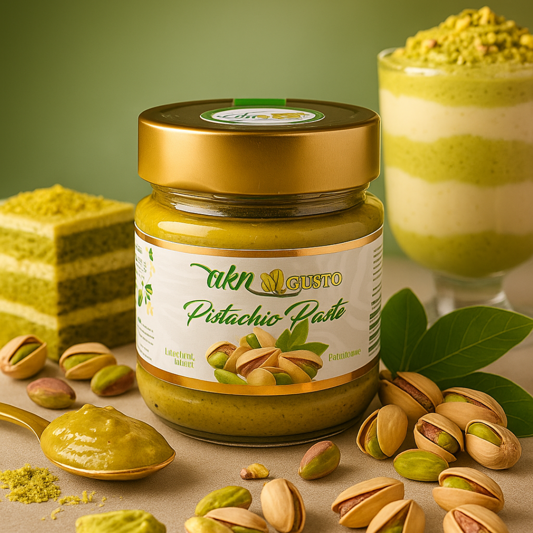Jar of pistachio paste with pistachios and a dessert in the background