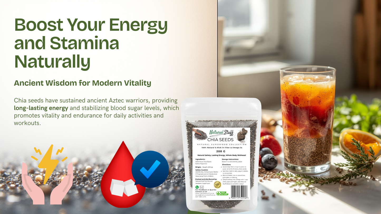 Chia seeds packaging with a glass of iced tea and natural elements on a blurred background.