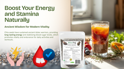 Chia seeds packaging with a glass of iced tea and natural elements on a blurred background.