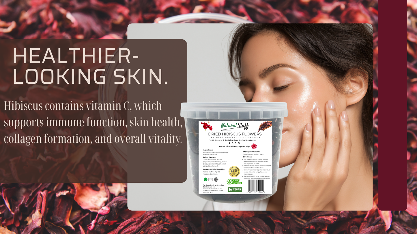 Product packaging with a woman touching her face, surrounded by hibiscus flowers.