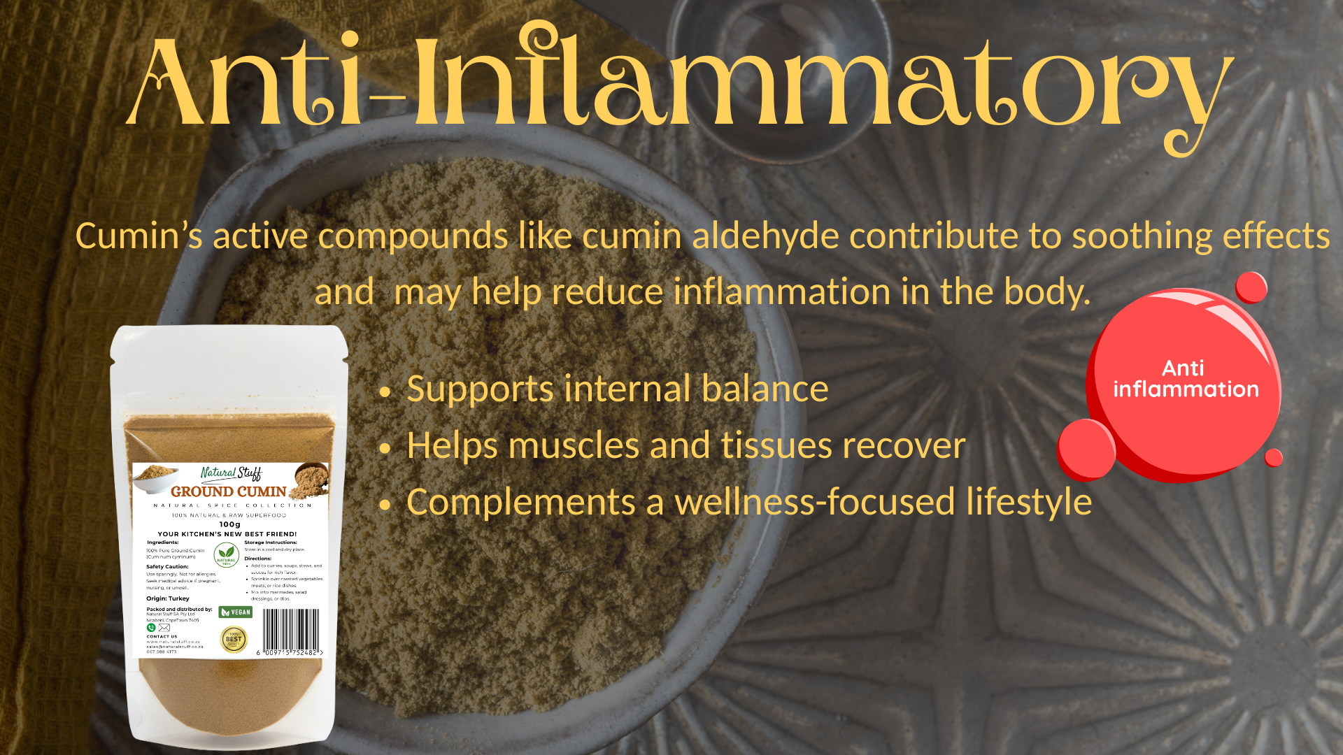 Cumin product with anti-inflammatory benefits on a dark background