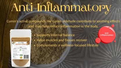 Cumin product with anti-inflammatory benefits on a dark background