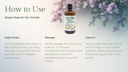 Hair growth product with usage instructions and floral background