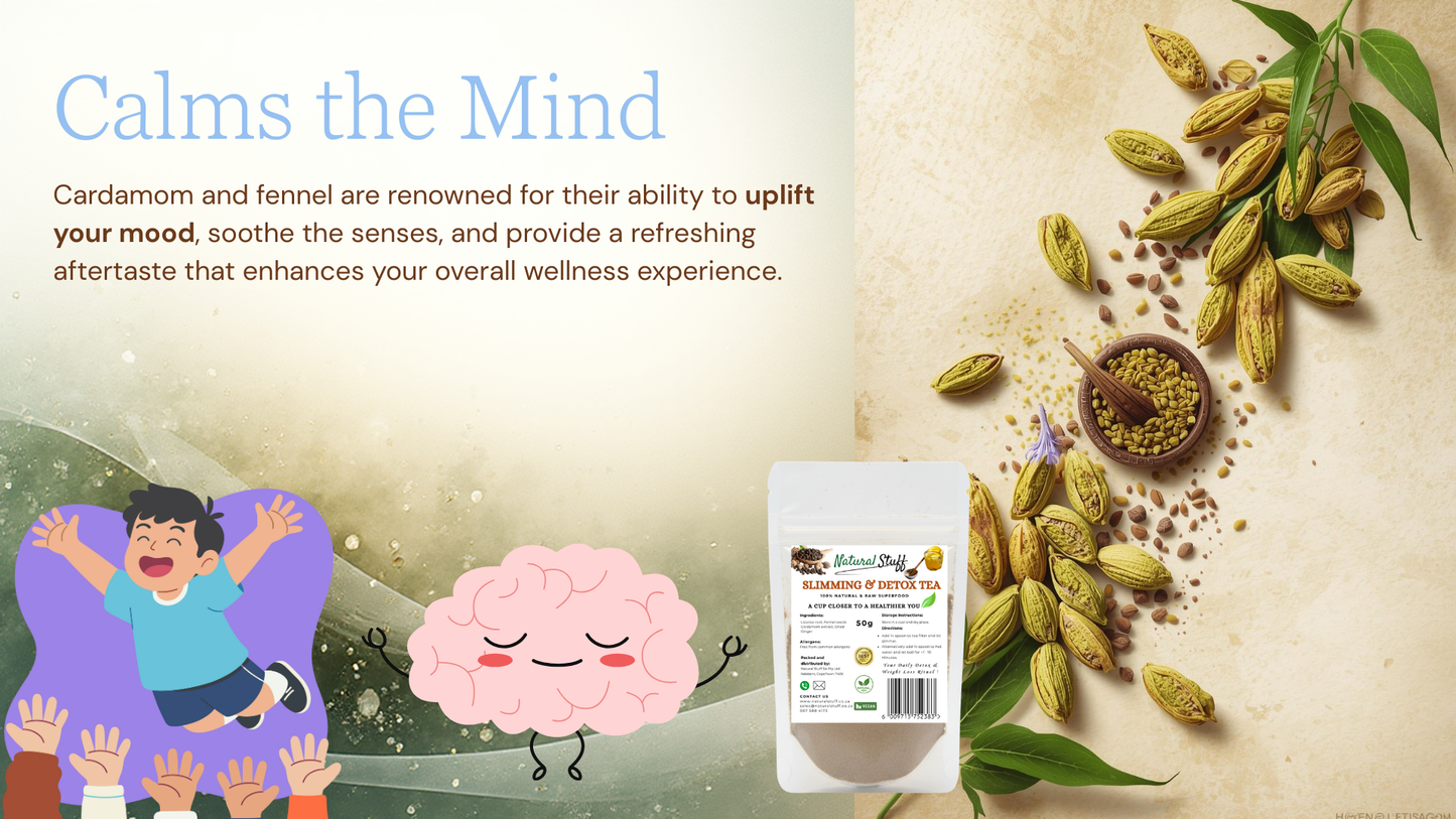 Tea packaging with cardamom seeds and text about its benefits on a light background