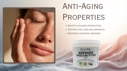 Refined Shea Butter container with anti-aging properties text and a close-up of skin.